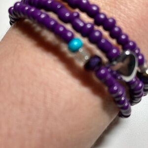 Handmade Deep Purple Beaded Wrap Bracelet with Silver Hearts,